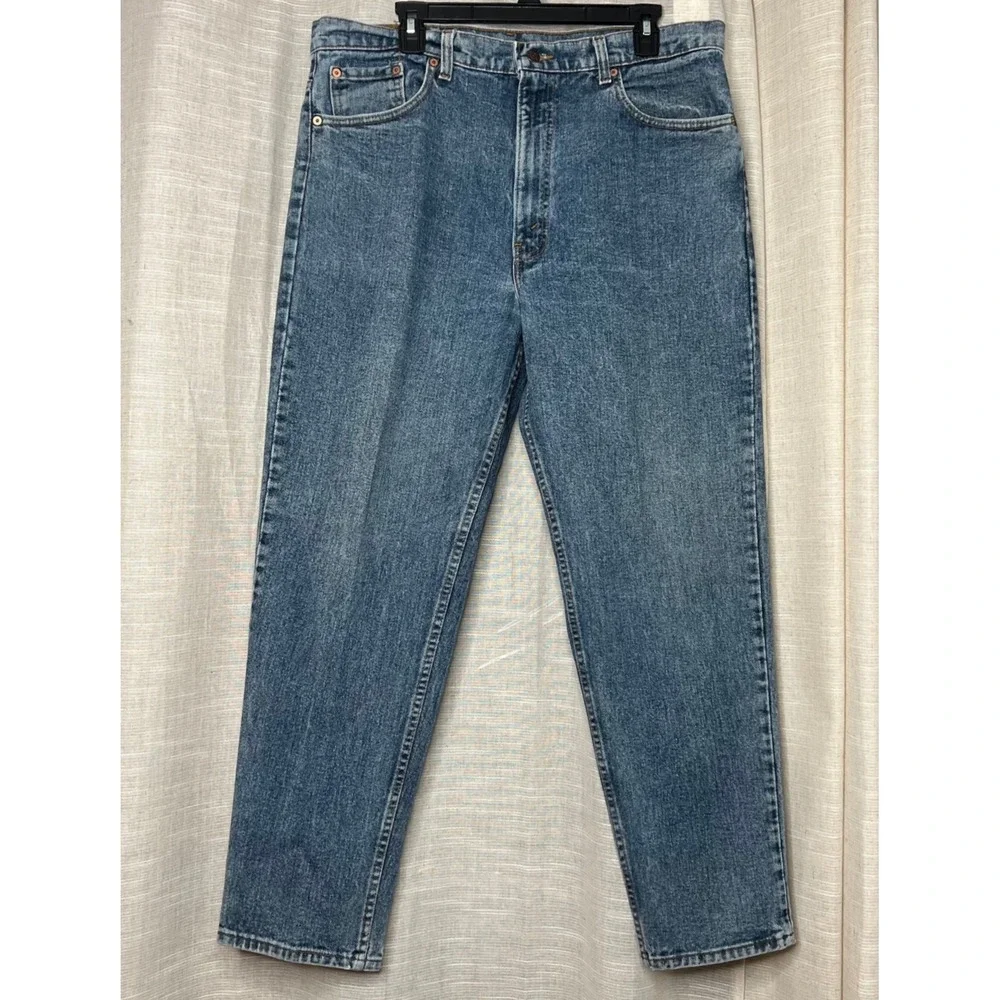 90s Vintage Levi's 550s Denim Jeans Medium Wash USA Black Batwing Men's 38x30